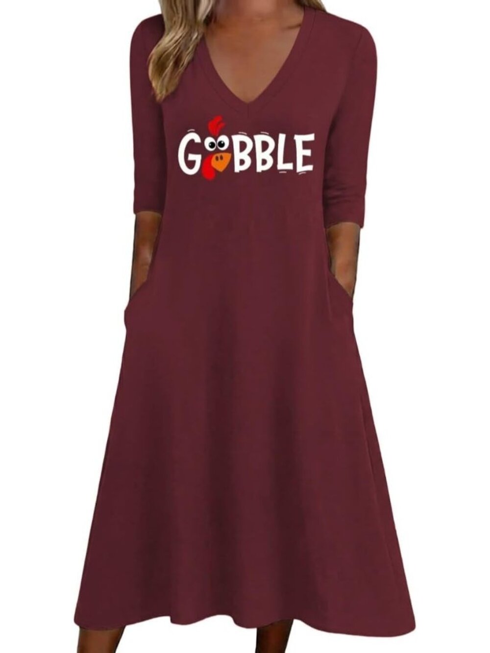 🆕 Women's Thanksgiving Maroon Gobble Dress Turkey Graphic V-Neck Pockets